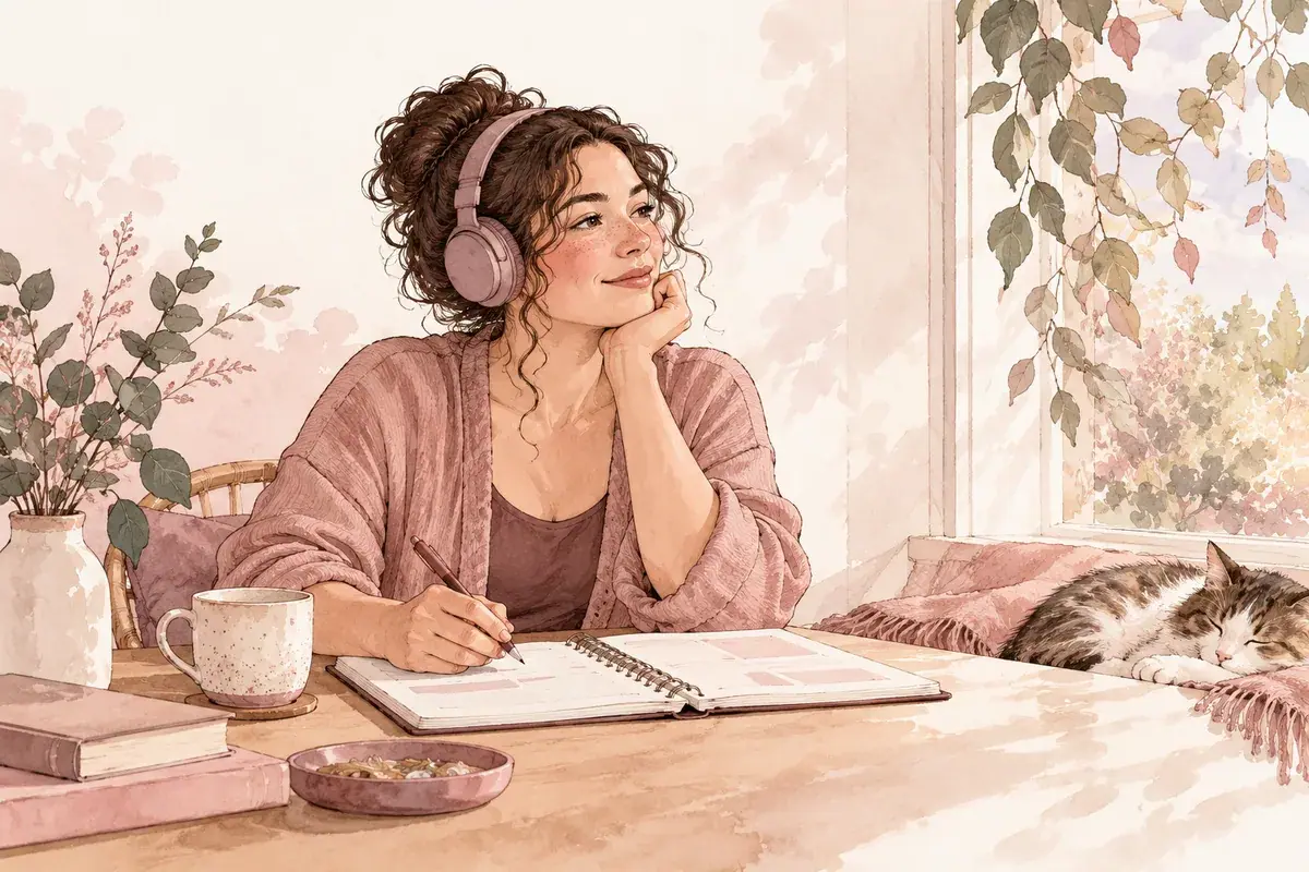 Illustration: A woman wearing headphones and writing beside a sunny window