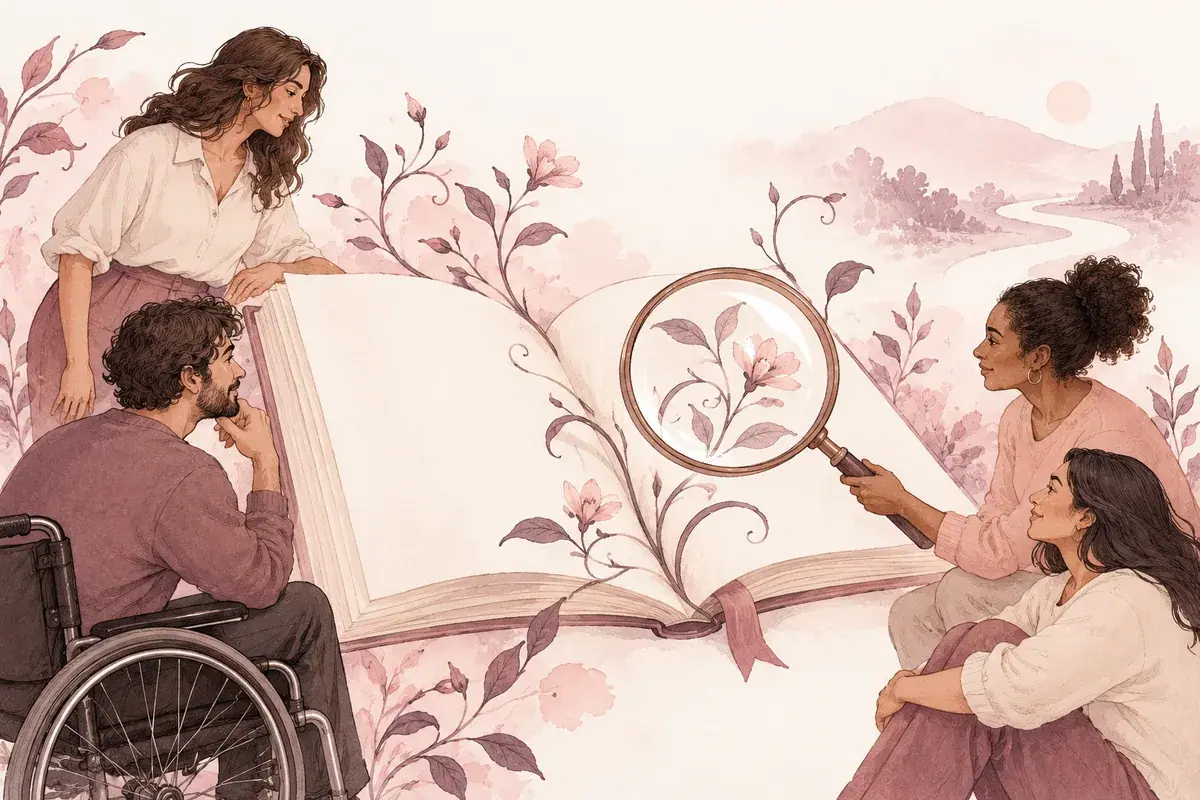 Illustration: People exploring an open book with a magnifying glass
