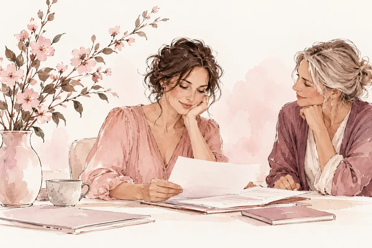 Illustration: Two women looking through paperwork together