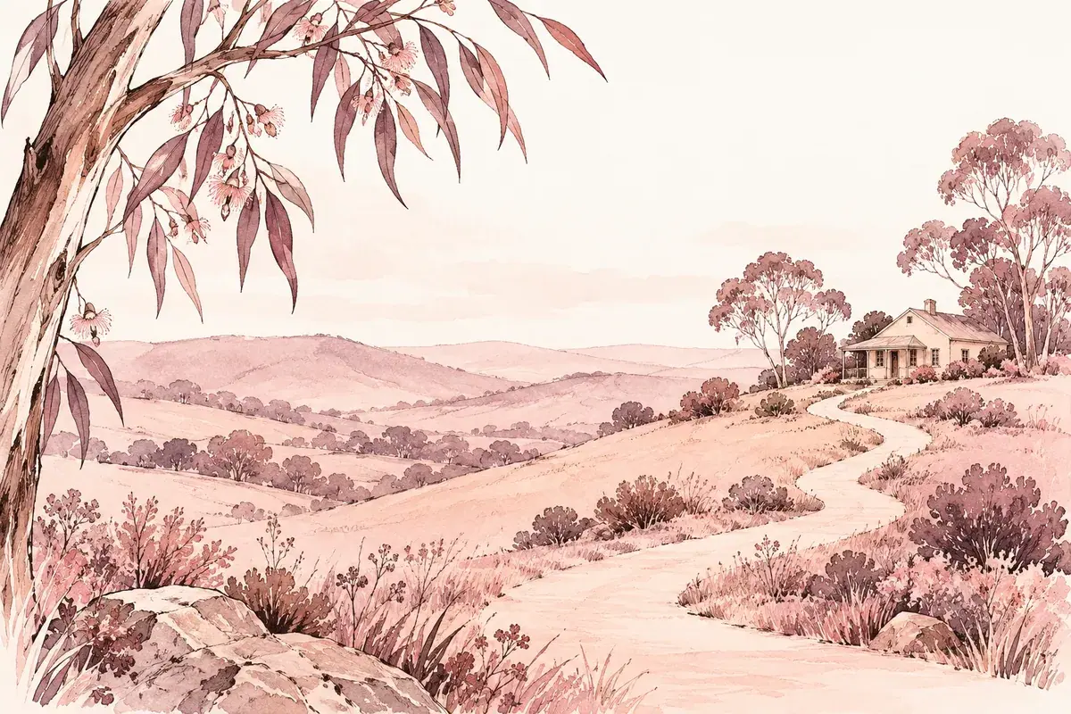 Illustration: A winding path through the Adelaide Hills with eucalyptus trees